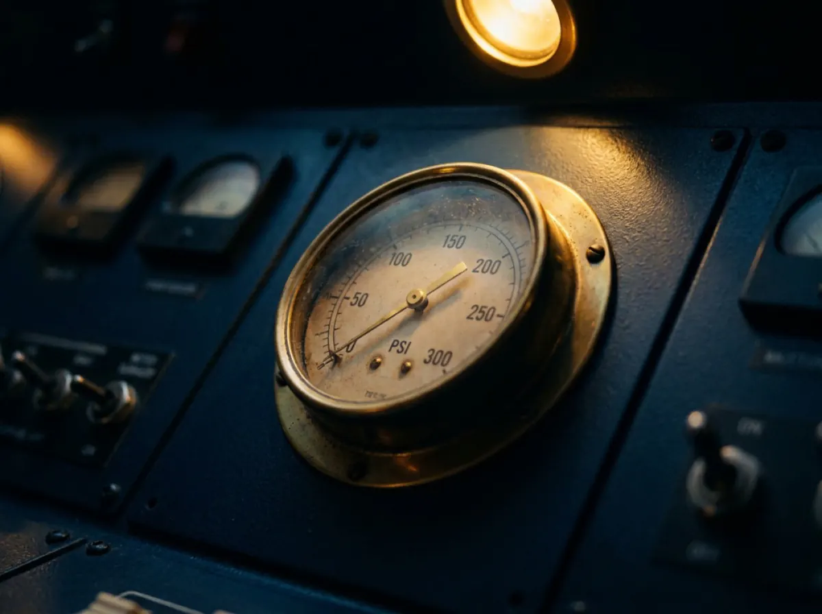 Ein Manometer aus Messing an einem dunklen Bedienpult