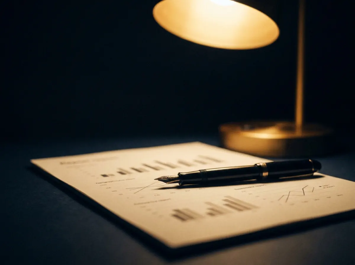 Ein Blatt mit handschriftlichen Zahlen und ein Füllfederhalter unter einer Lampe